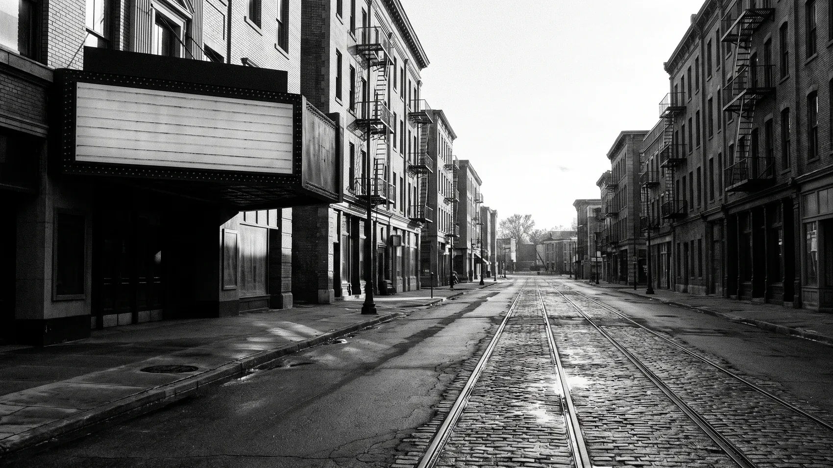 A historic city street with red brick buildings and streetcar rails, in black and white.