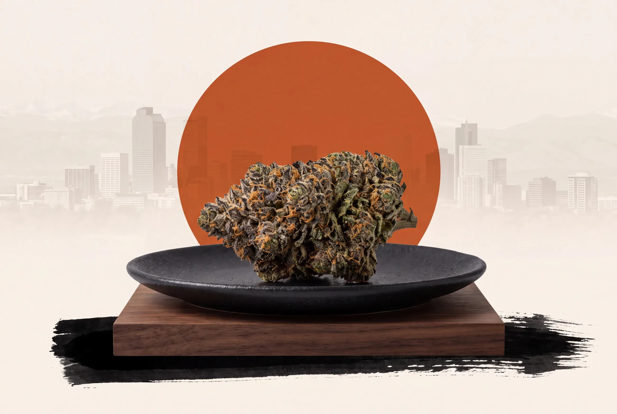 A cluster of premium cannabis flower presented on a black ceramic plate, framed by an orange sun and the Denver skyline with the Rocky Mountains beyond.