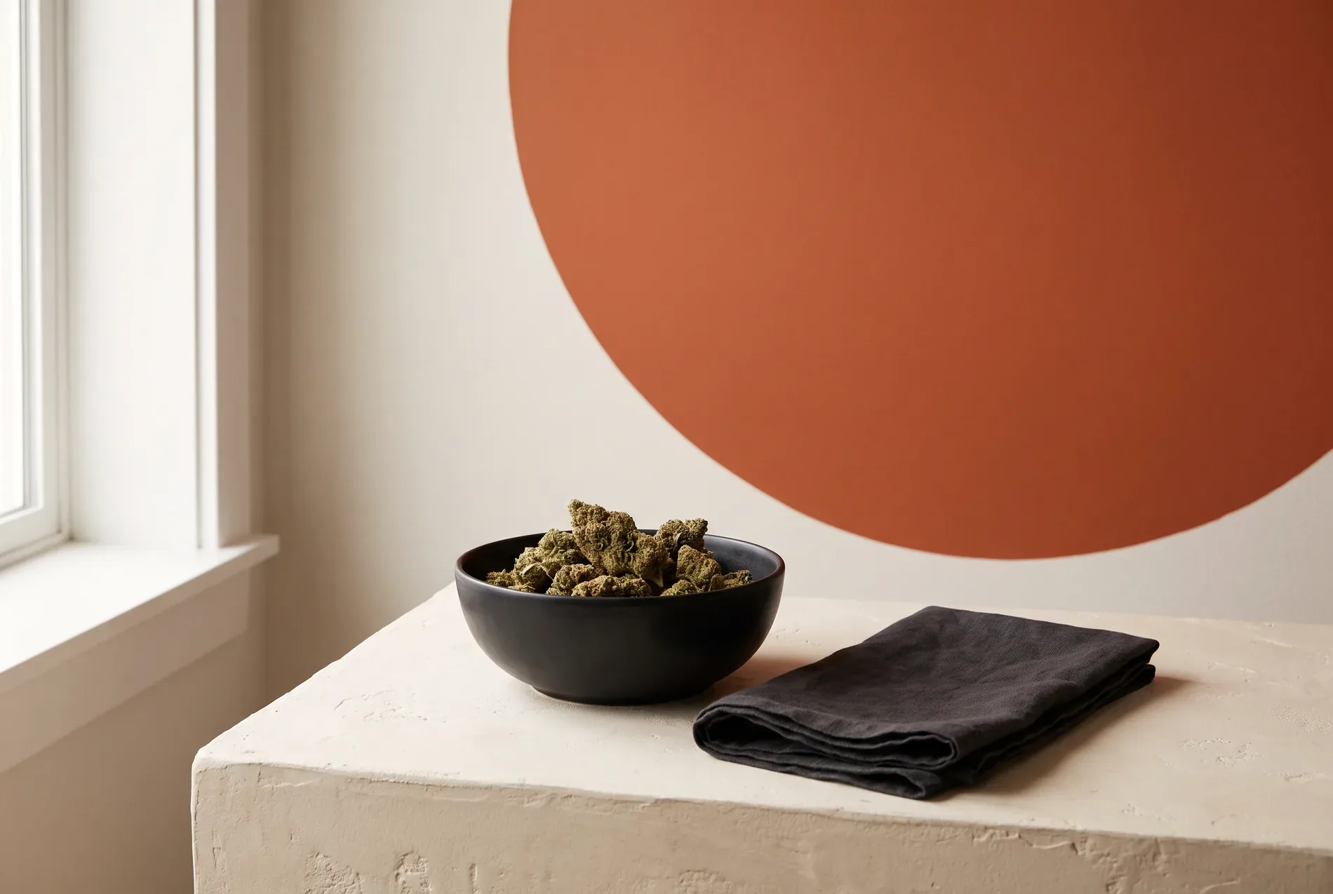 A black ceramic bowl of cannabis flower beside folded linen, with a large orange disc behind.