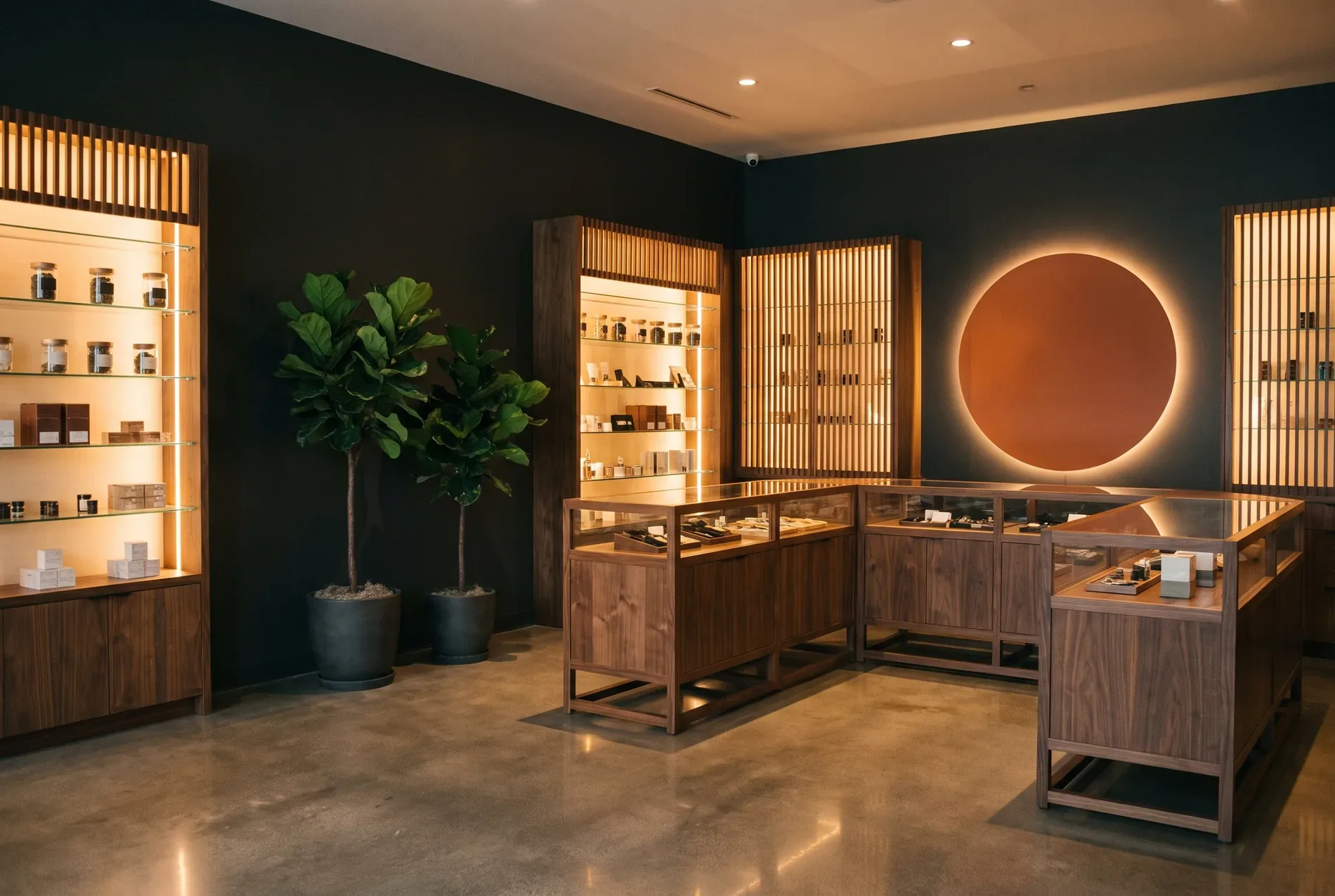 The Denver Kush Club retail floor, warmly lit with wood cases and backlit shelving.