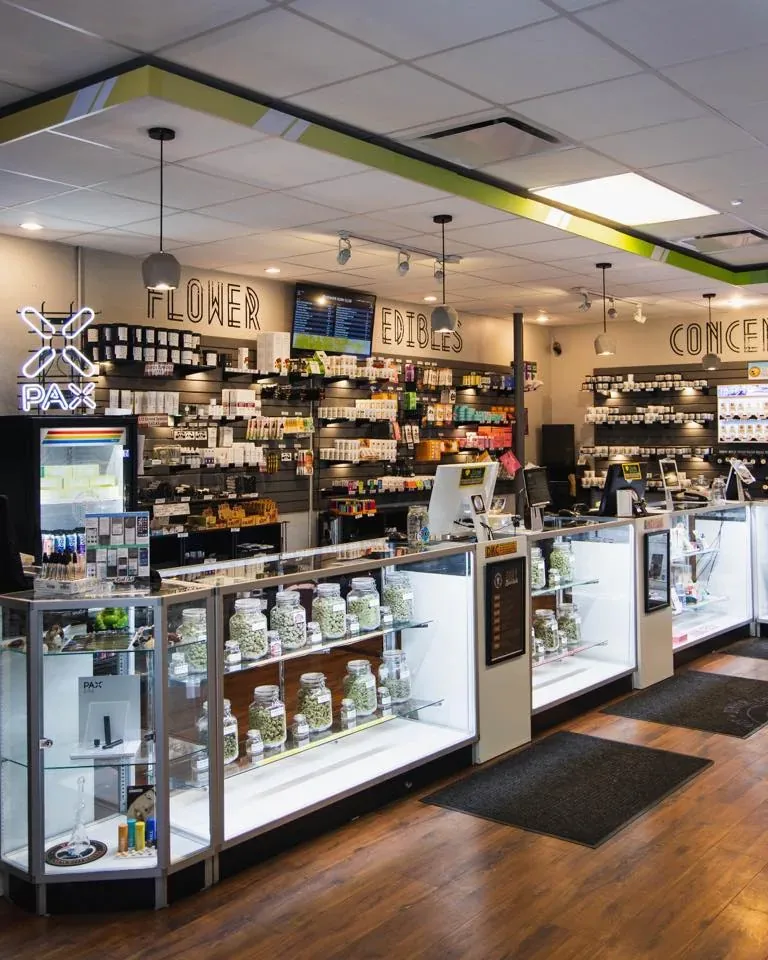 Inside Denver Kush Club — display cases and product shelves on the shop floor.