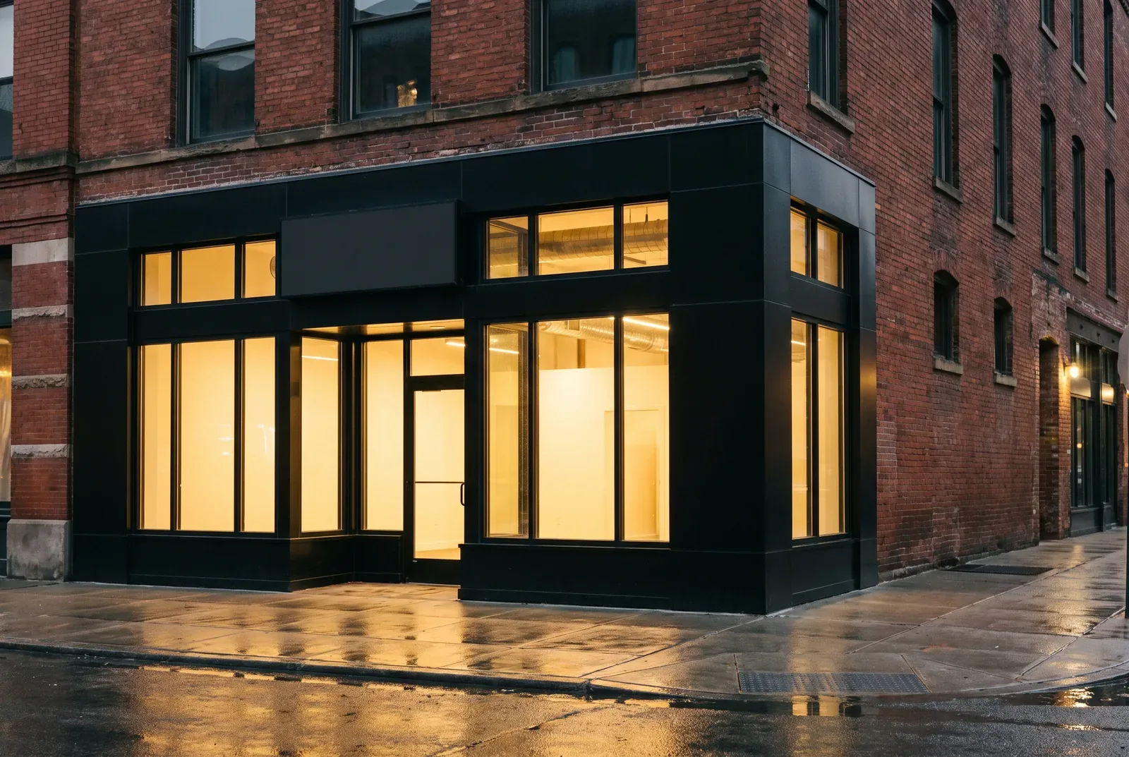 A dispensary storefront glowing warmly at dusk in a historic red brick building.